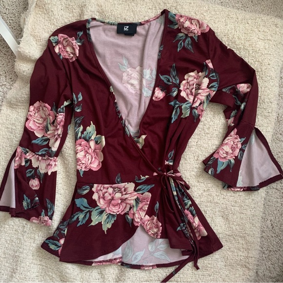 iZ Byer Burgundy Floral wrap top - Picture 4 of 8